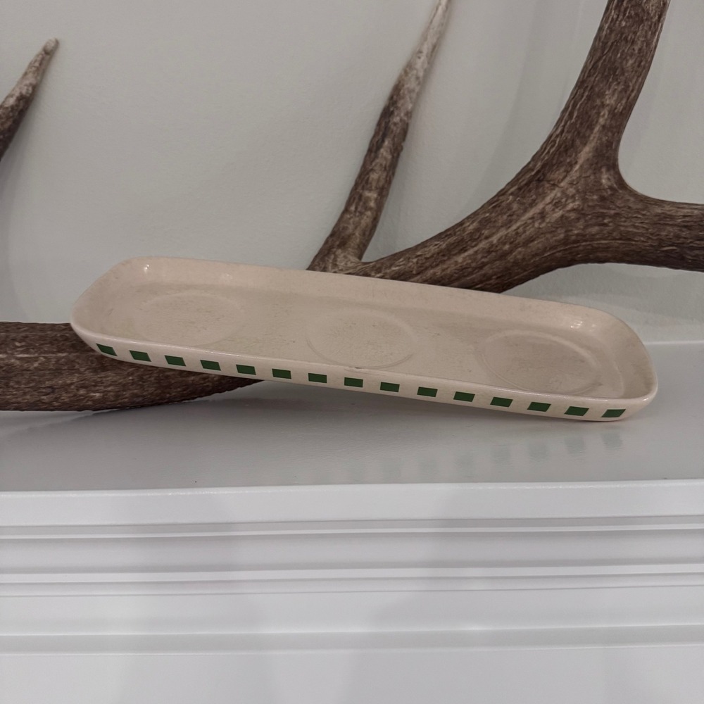 Ceramic Rectangular Serving Tray Cream with Green Checkered Edge Farmhouse Style